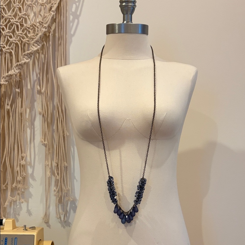 Vintage Jewel Tone Long Blue Beaded Statement Necklace Boho